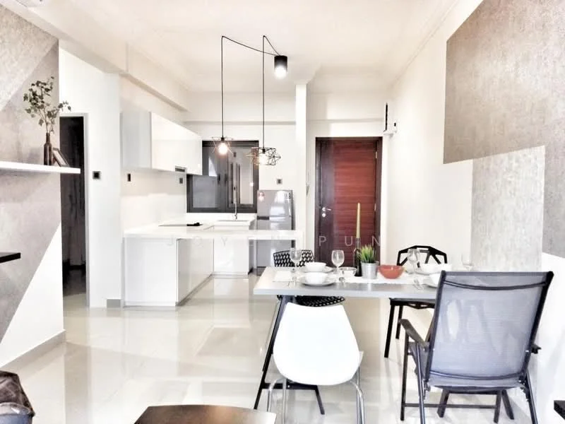 Dining features: 6-seater dining table, white dining chairs, black dining chairs, pendant light fixture, decorative plant on table, ceramic plates, glassware, cutlery, open shelving on wall, white cabinetry, stainless-steel fridge, built-in oven, white countertops, grey accent wall, polished tile flooring; style: modern. Kitchen features: white cabinetry, stainless-steel fridge, built-in oven, white countertops, grey accent wall, polished tile flooring; style: modern.