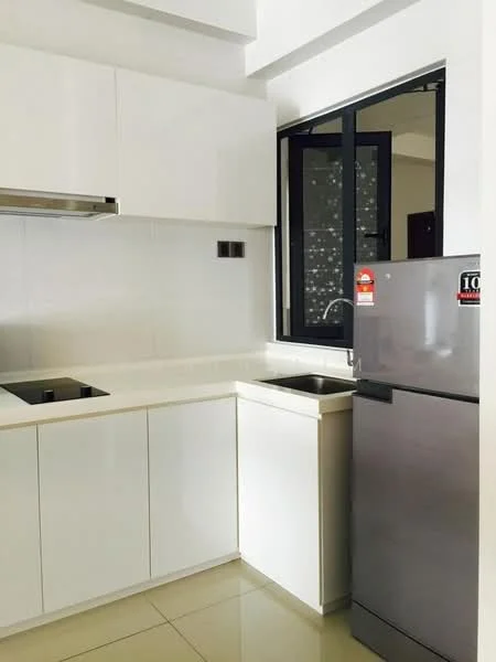 Kitchen features: white cabinetry, stainless-steel fridge, single-bowl stainless-steel sink, chrome pull-down faucet, white countertop, ceramic tile flooring, window with black frame, built-in oven, stainless-steel range hood; style: modern.