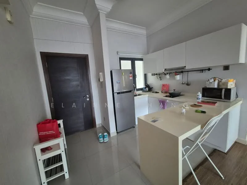 Kitchen features: white cabinetry, stainless-steel fridge, built-in oven, 4-burner gas hob, single-bowl stainless-steel sink, chrome pull-down faucet, white countertop, tile backsplash, bar seating with stools, grey tiled flooring, window with natural light, wall-mounted kitchen utensils rack; style: modern.