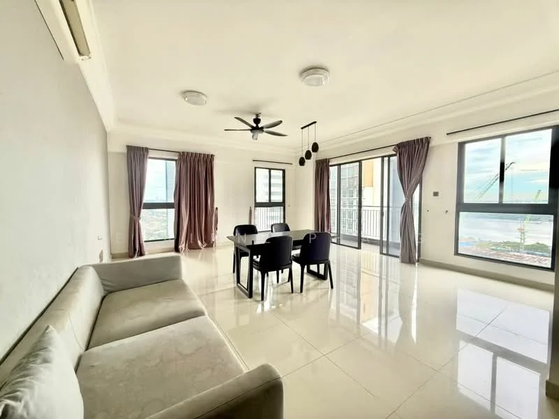 Living features: 3-seater fabric sofa in light grey, glass dining table for 4, 4 black dining chairs, floor-to-ceiling windows, sliding glass door, sheer curtains, dark brown curtains, recessed downlights, ceiling fan with light, white painted walls, glossy tile flooring; style: modern; view: city.