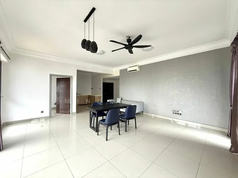 Dining features: white painted walls, grey accent wall, glossy tile flooring, 5-blade ceiling fan with light, dining table for 6, upholstered dining chairs in blue, wall-mounted air conditioning unit, curtains, recessed lighting; style: modern. Room features: doorway leading to another room, open layout.