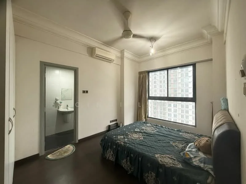 Bedroom features: king-size bed with blue floral bedding, upholstered headboard, floor-to-ceiling window, curtains, wall-mounted air conditioning unit, ceiling fan, wooden flooring, decorative wall art, built-in wardrobe, nightstand, area rug; style: modern; view: city. Room features: bathroom door, white painted walls, light fixture.