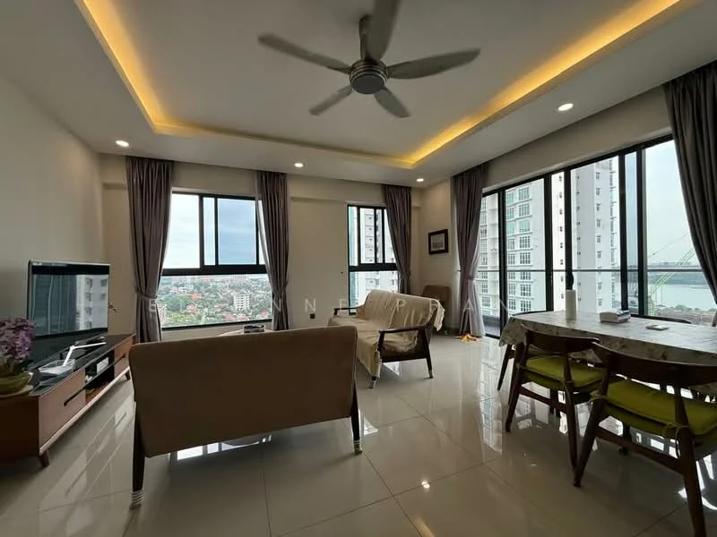 Living features: 5-blade ceiling fan with integrated LED light, floor-to-ceiling windows, grey curtains, white painted walls, glossy tile flooring, 2-seater fabric sofa in beige, 3-seater fabric sofa in beige, wooden coffee table, TV console, wall-mounted TV, decorative plant in ceramic pot, dining table with green chairs; style: modern; view: city.