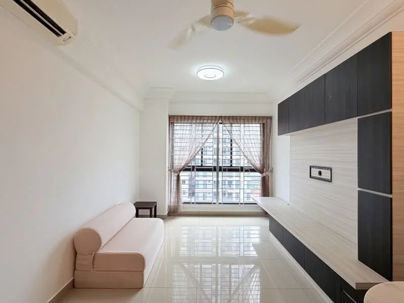Living features: light-colored fabric sofa, wall-mounted TV console, flat-panel cabinetry, large window with sheer curtains, recessed ceiling lights, ceiling fan, glossy tile flooring, neutral painted walls; style: modern; view: city.