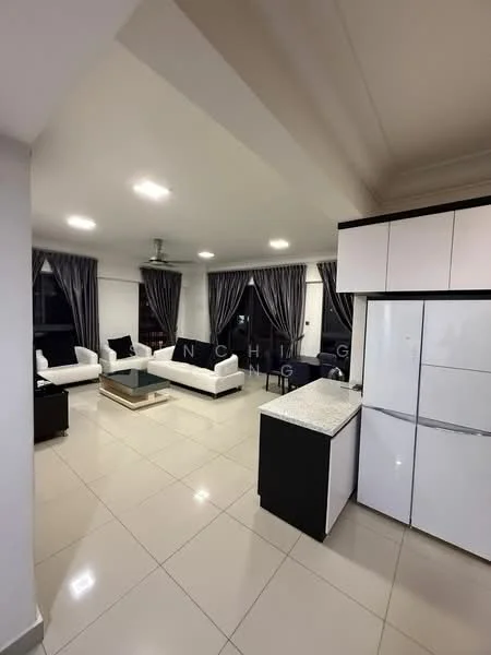 Living features: white leather sofa, black armchair, glass coffee table, white cabinetry, black countertop, stainless-steel fridge, large windows with sheer curtains, recessed ceiling lights, cream tiled flooring, decorative wall art; style: modern.