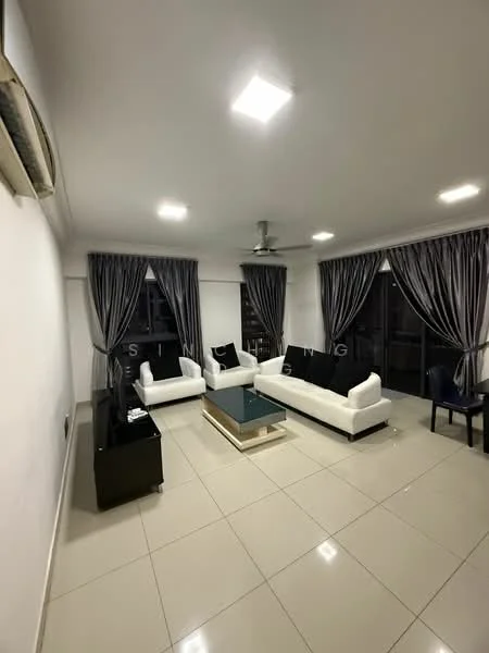 Living features: white leather 3-seater sofa, white leather 2-seater sofa, glass coffee table with wooden base, black TV console, wall-mounted TV, 5-blade ceiling fan with light, recessed LED downlights, cream tiled flooring, grey curtains, floor-to-ceiling windows; style: modern.