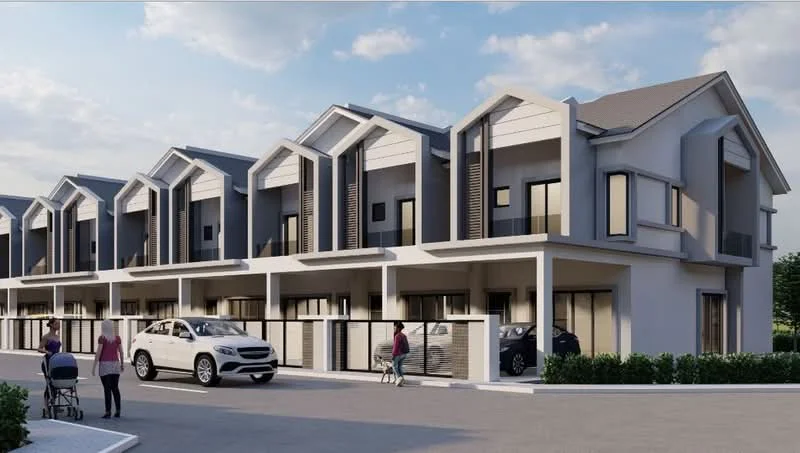 Exterior type: linked terrace house; features: two-storey building, white painted facade, horizontal louvre screens, projecting balconies, flat roof, manicured landscaping, driveway with interlocking pavers, multiple car porches, large windows, modern architectural design; style: modern.