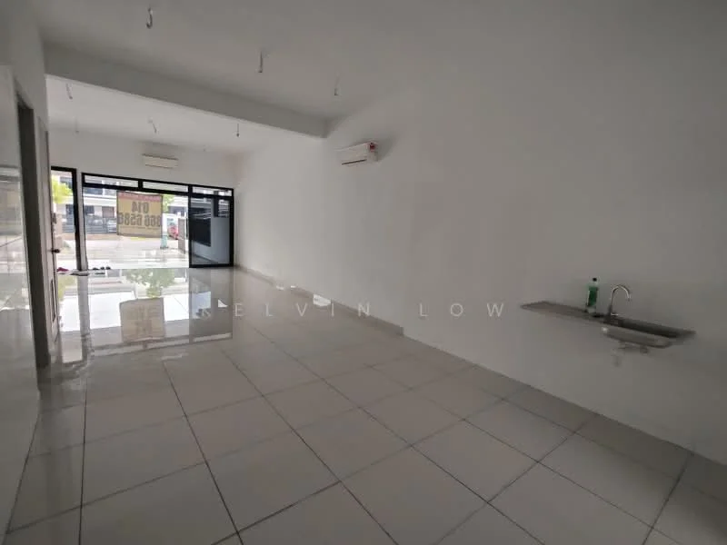 Room features: white painted walls, glossy tile flooring, 2 wall-mounted split AC units, large glass storefront, sink with wall-mounted faucet, recessed ceiling lights; style: modern; view: street.