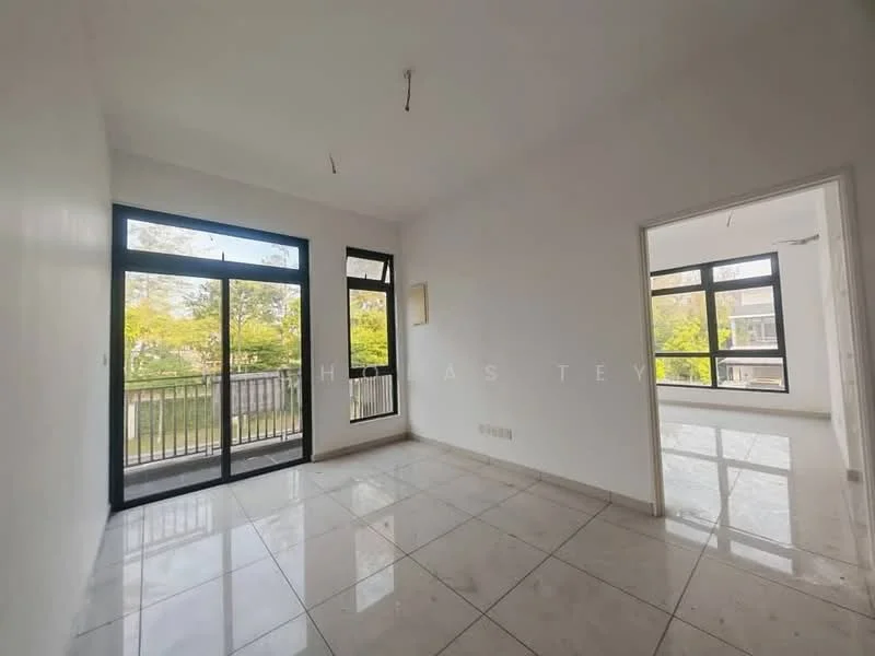 Room features: white painted walls, marble tile flooring, floor-to-ceiling windows, sliding glass door, balcony access, natural light from windows, neutral color scheme, high ceiling; style: modern; view: garden.