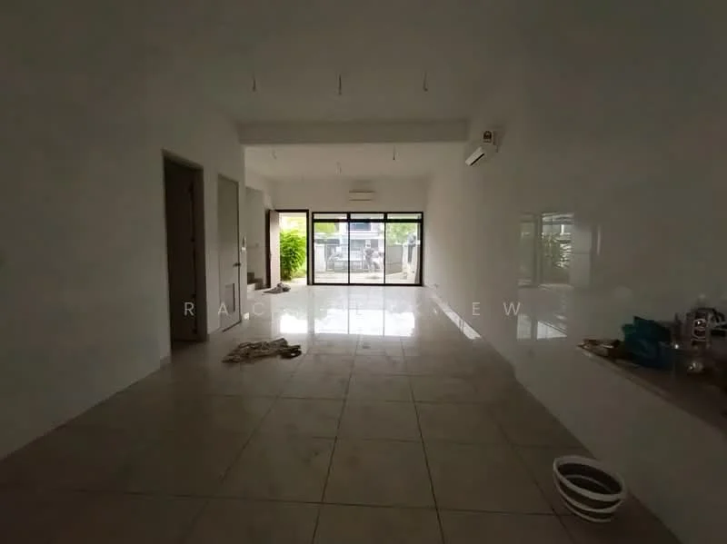 Room features: white painted walls, tile flooring, large glass sliding door, air conditioning unit, recessed ceiling lights, open layout, natural light from windows, unfurnished space; style: modern; view: garden.