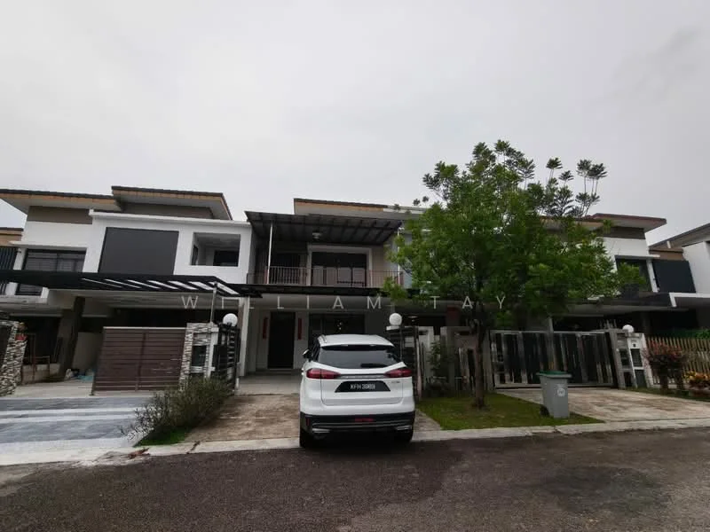 Exterior type: linked terrace house; features: two-storey building, white painted facade, grey accent walls, flat roof, car porch with awning, manicured lawn, mature trees, paved driveway, security gate, outdoor lighting, balconies on upper floor; style: modern.