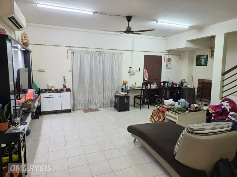 Living features: wall-mounted TV, black TV console, 5-blade ceiling fan, cream curtains, white tiled flooring, sofa with beige upholstery, coffee table, dining table with chairs, decorative plants, open shelving unit, wall art, light switch, staircase in background; style: modern.