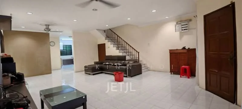 Living features: white painted walls, polished tile flooring, 5-blade ceiling fan, sofa in dark grey, coffee table, TV console, wall-mounted TV, staircase with wooden railing, air conditioning unit, decorative cabinet, red plastic stool; style: modern. Room features: white painted walls, polished tile flooring, 5-blade ceiling fan, air conditioning unit.