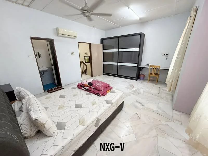 Bedroom features: queen-size bed with patterned bedding, sofa with dark upholstery, marble flooring, white painted walls, ceiling fan, built-in wardrobe with sliding doors, study desk with chair, window with sheer curtains, air conditioning unit, decorative pillows; style: modern.