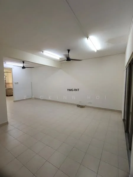Room features: white painted walls, tile flooring, 2 ceiling fans, recessed lighting, large glass sliding door, neutral color scheme, open layout, no visible furniture; style: minimalist.