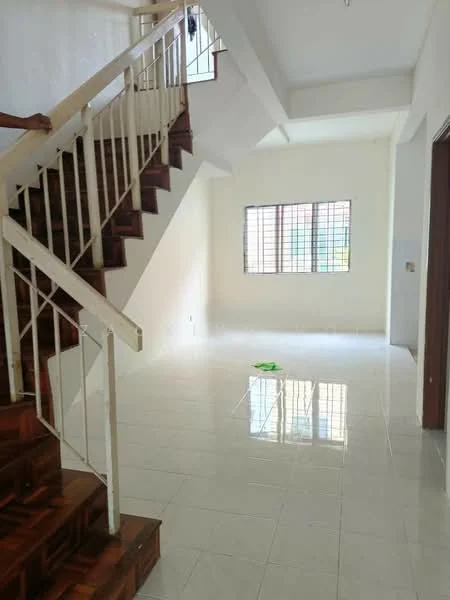 Living features: white painted walls, glossy ceramic tile flooring, large window with grid pattern, staircase with wooden steps and white railing, empty space, natural light, high ceiling.