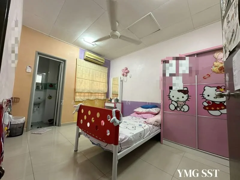 Bedroom features: single bed with pink bedding, Hello Kitty-themed wardrobe, mirror on the wall, ceiling fan, cream painted walls, tile flooring, window with blinds, decorative wall art. Room features: door leading to bathroom, light switch, wall-mounted air conditioning unit.
