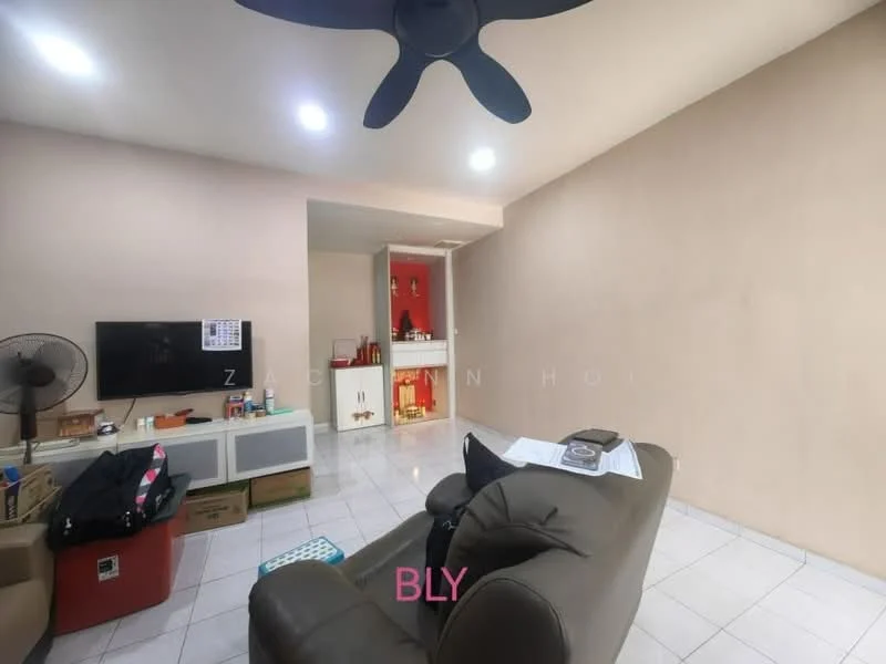 Living features: white painted walls, ceramic tile flooring, 5-blade ceiling fan, wall-mounted TV, TV console, sofa, coffee table, decorative items on shelves, open layout to adjacent room.