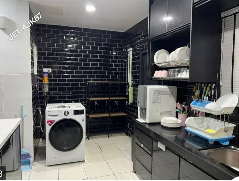 Laundry features: black glossy tile backsplash, white walls, black countertop, white front-load washing machine, stainless-steel sink, dish rack, kitchen cabinets with black finish, open shelving, ceramic tile flooring, window with blinds; style: modern.