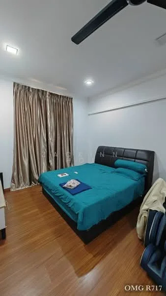 Bedroom features: king-size bed with upholstered headboard, teal bedspread, wooden flooring, floor-to-ceiling curtains in beige, recessed downlights, nightstand, decorative items on nightstand, wall-mounted shelf, built-in wardrobe; style: modern.
