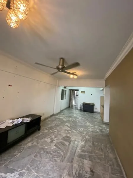 Living features: marble tile flooring, cream painted walls, exposed ceiling with crown moulding, 5-blade ceiling fan, wall-mounted TV console, large open space, natural light from adjacent room, decorative light fixtures; style: modern.