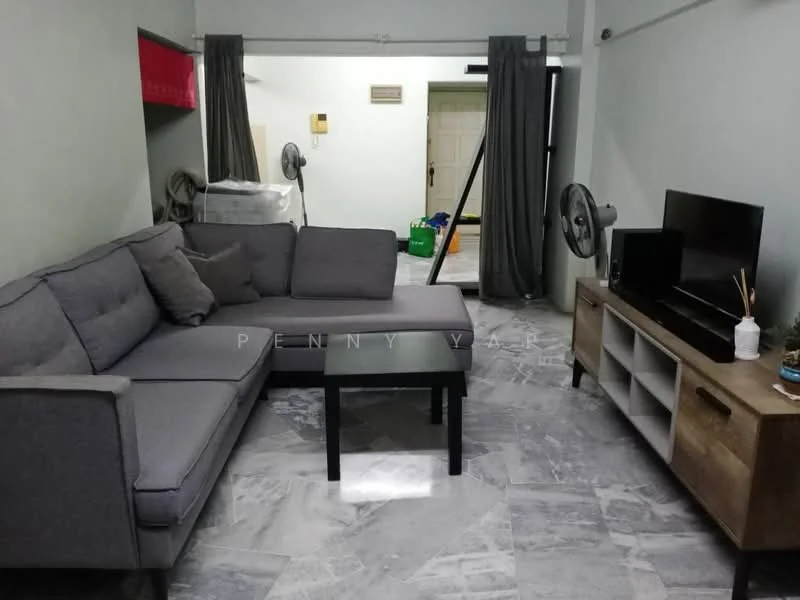 Living features: L-shape sectional sofa in grey, coffee table, TV console, wall-mounted TV, marble flooring, 2 ceiling fans, curtains, decorative plant on console; style: modern.
