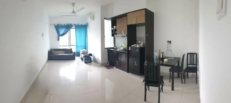 Living features: white painted walls, glossy tile flooring, 5-blade ceiling fan, floor-to-ceiling windows, blue sheer curtains, black dining table with chairs, black kitchen cabinetry, stainless-steel sink, countertop with kitchen appliances, sofa in dark fabric; style: modern; view: city.