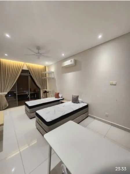 Bedroom features: two single beds with mattresses, white bedding, ceiling fan, wall-mounted air conditioning unit, white painted walls, recessed downlights, large window with sheer curtains, tile flooring, study desk, decorative throw pillows; style: modern.