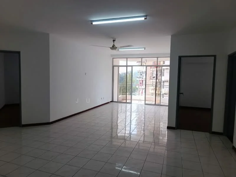 Living features: white painted walls, glossy ceramic tile flooring, 5-blade ceiling fan, sliding glass door, floor-to-ceiling windows, natural light from windows, neutral color scheme, open layout; style: modern; view: city. Room features: white painted walls, glossy ceramic tile flooring, neutral color scheme, doorway to adjacent room.