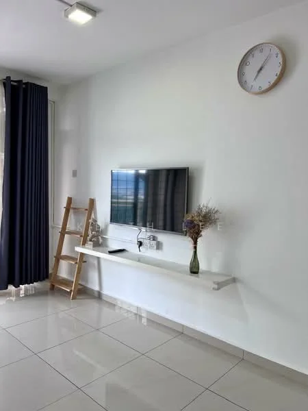 Living features: white painted walls, glossy ceramic tile flooring, floor-to-ceiling windows, dark blue curtains, wall-mounted TV, floating shelf, decorative vase with flowers, wooden ladder shelf, clock on wall, recessed ceiling lights; style: modern.