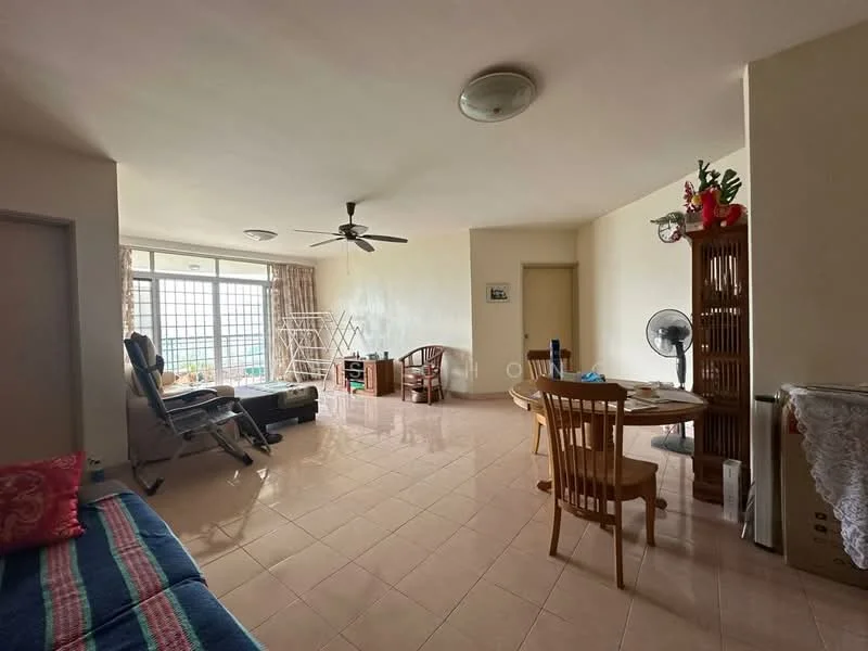 Living features: tiled flooring, white painted walls, 5-blade ceiling fan, large windows with sheer curtains, dining table with four chairs, wooden armchair, reclining chair, wall-mounted fan, open layout, decorative plants, clothes drying rack, natural light from windows; style: modern; view: city.