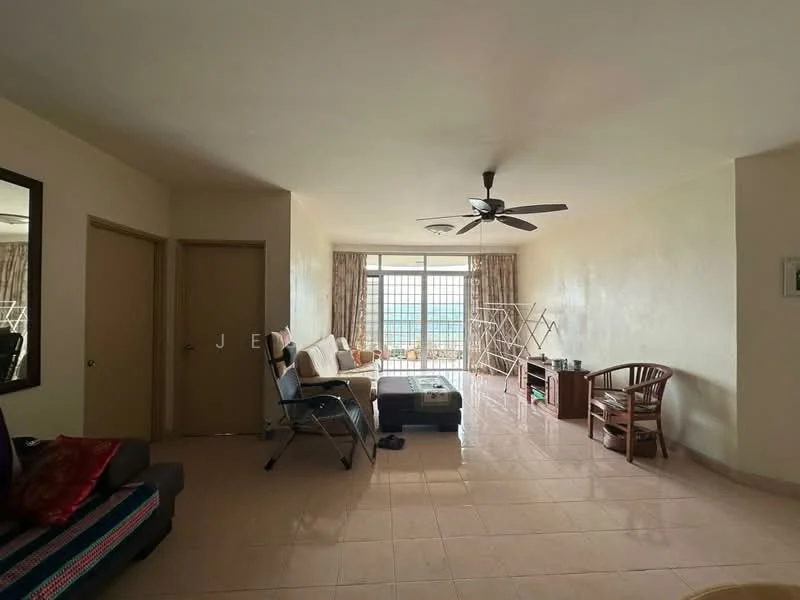 Living features: cream painted walls, tile flooring, 5-blade ceiling fan, floor-to-ceiling windows, curtains, sofa, coffee table, TV console, wooden armchair, open space layout, natural light, view of the sea; style: modern; view: sea.