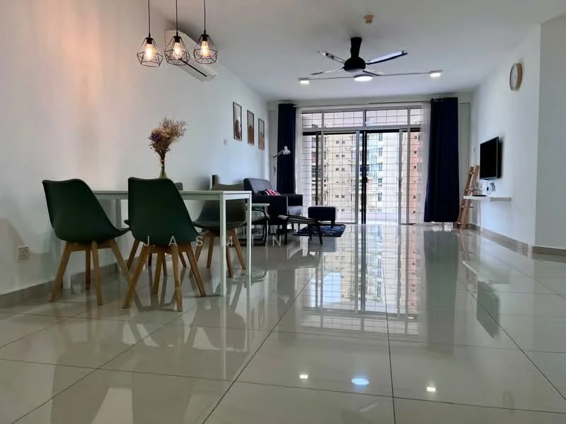 Living features: white painted walls, glossy ceramic tile flooring, 5-blade ceiling fan with light, recessed downlights, sofa in grey fabric, coffee table, TV console, wall-mounted TV, dining table with 4 green chairs, floor-to-ceiling windows, blackout curtains, decorative wall clock, houseplants in ceramic pots; style: modern; view: city.
