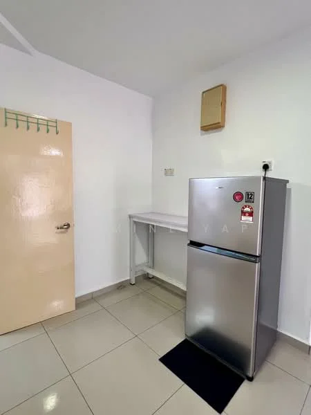 Kitchen features: white painted walls, glossy tile flooring, stainless-steel fridge, white countertop, single door, wall-mounted electrical panel; style: modern.