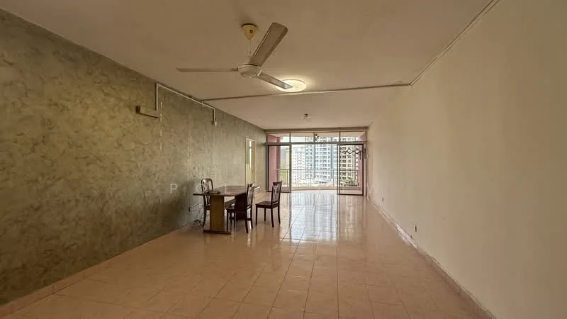 Living features: cream painted walls, glossy tile flooring, 5-blade ceiling fan with light, large floor-to-ceiling windows, sliding glass door, dining table with four chairs, natural light from windows, open layout; style: modern; view: city.