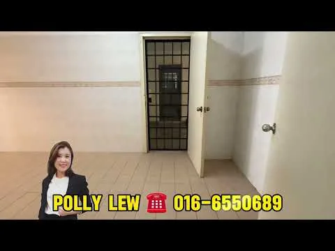 Room features: cream tiled flooring, white painted walls, two doors, grid-patterned security door, neutral color scheme, tile border along the wall, light switch, door handles.