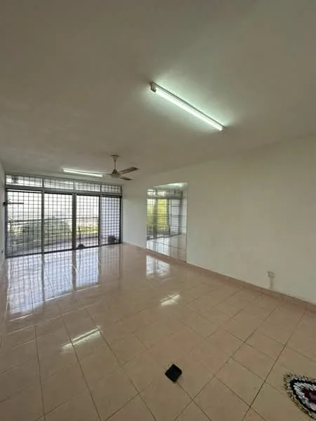 Living features: white painted walls, glossy tile flooring, 5-blade ceiling fan, large sliding glass doors, grid-patterned window grills, natural light from windows, neutral color scheme, open layout; style: modern; view: city.