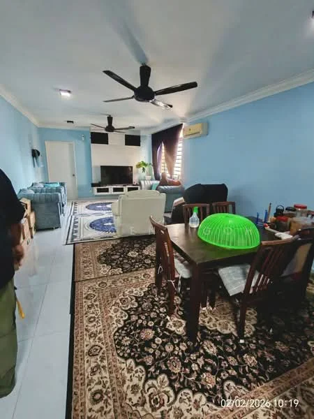 Living features: light blue painted walls, white ceiling with recessed downlights, 5-blade ceiling fan, large area rug with intricate pattern, sofa set in light blue fabric, white armchair, TV console with wall-mounted TV, decorative plant, sliding glass door with curtains, dining table with wooden chairs, green decorative item on the table, wall-mounted air conditioning unit; style: modern.