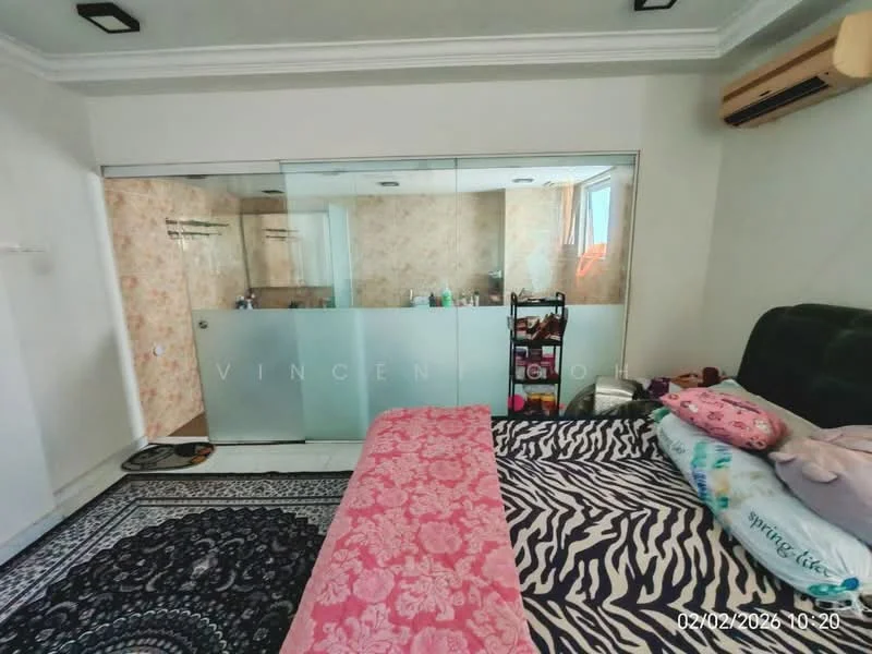 Bedroom features: king-size bed with upholstered headboard, zebra print bedding, decorative pillows, wall-to-wall carpet with geometric pattern, glass partition to bathroom, wall-mounted air conditioning unit, recessed ceiling lights, painted walls, curtains, nightstand, decorative wall art; style: modern.