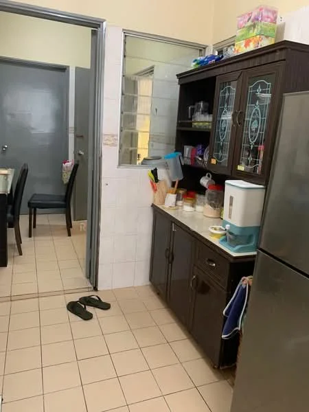 Kitchen features: dark wood cabinetry, white countertop, stainless-steel fridge, ceramic tile flooring, wall-mounted shelves, sink, kitchen utensils, glass jars, dining table with chairs, sliding door to adjacent room. Dining features: 4 dining chairs, dining table, wall with door to hallway.