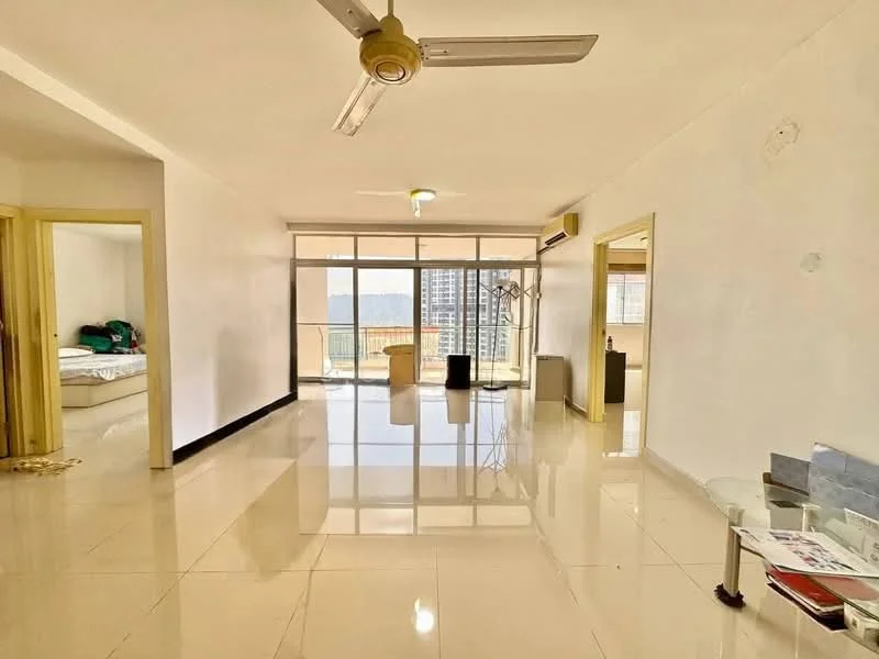 Living features: glossy tile flooring, white painted walls, ceiling fan with light, floor-to-ceiling windows, sliding glass door, balcony access, natural light, open layout; style: modern; view: city. Room features: doorway to bedroom, doorway to hallway.
