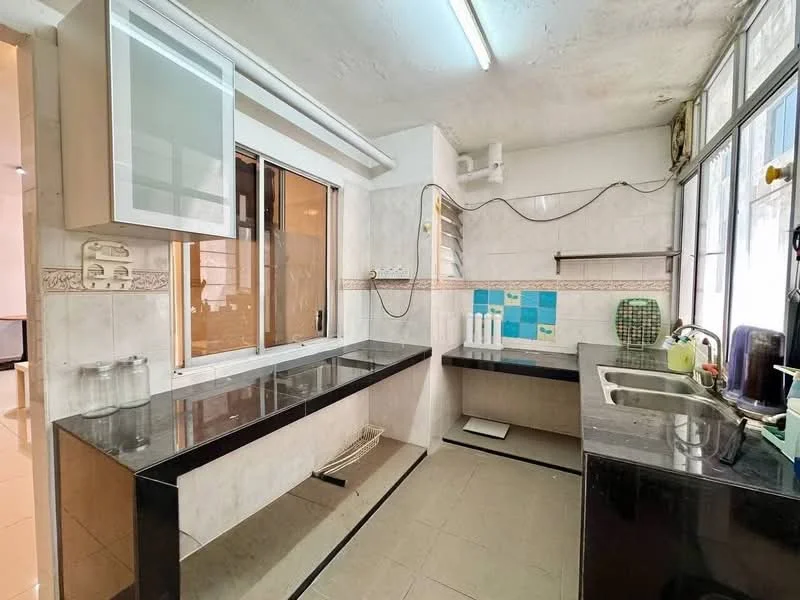 Kitchen features: black granite countertop, white cabinets with glass fronts, double-bowl stainless-steel sink, chrome pull-down faucet, tile backsplash, wall-mounted shelves, large window for natural light, ceramic tile flooring, fluorescent ceiling lights; style: modern.