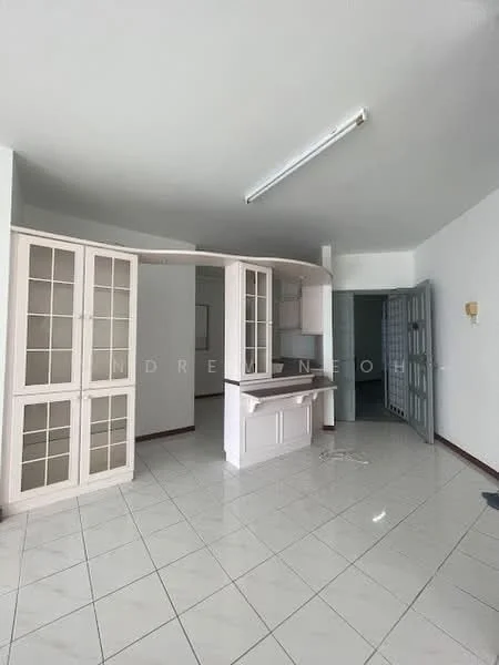 Room features: white painted walls, glossy white tile flooring, built-in cabinetry with glass doors, open layout, recessed lighting, corner kitchen counter, doorway leading to another room, light fixture on wall; style: modern.