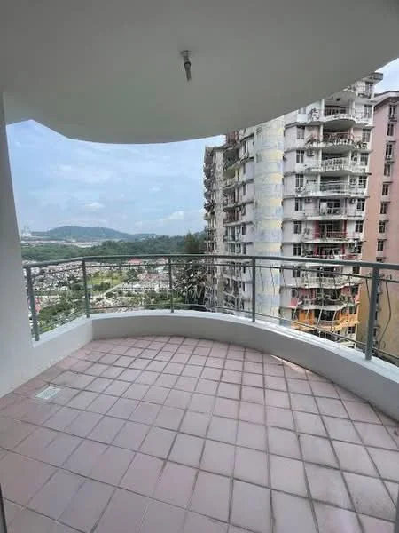 Balcony features: tiled flooring, glass railing, overhead light fixture, city view, surrounding buildings view; style: modern; view: city.
