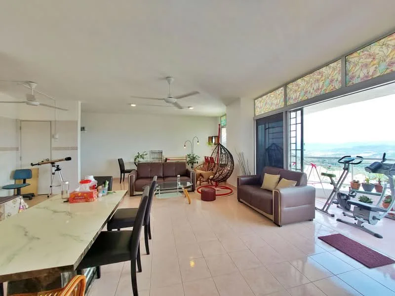 Living features: marble tile flooring, white painted walls, 5-blade ceiling fan, floor-to-ceiling windows, sliding glass door, hanging rattan chair, sofa in brown leather, dining table with marble top, black dining chairs, exercise equipment, decorative plants, area rug, wall-mounted telescope; style: modern; view: city.