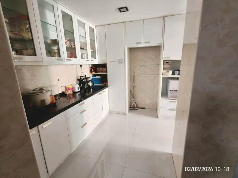 Kitchen features: white cabinetry with glass-front upper cabinets, black countertop, stainless-steel sink, built-in oven, microwave, ceramic tile flooring, recessed downlights, wall-mounted shelves, kitchen appliances visible, neutral wall color, open shelving, laundry area with washing machine; style: modern.