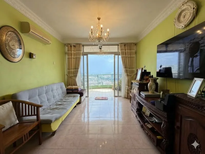 Living features: green painted walls, white ceiling with crown moulding, chandelier, floor-to-ceiling sliding glass door, curtains, large wall-mounted TV, wooden TV console, sofa with yellow accent, wooden armchair, ceramic tile flooring, decorative wall art, area rug; style: contemporary; view: city.