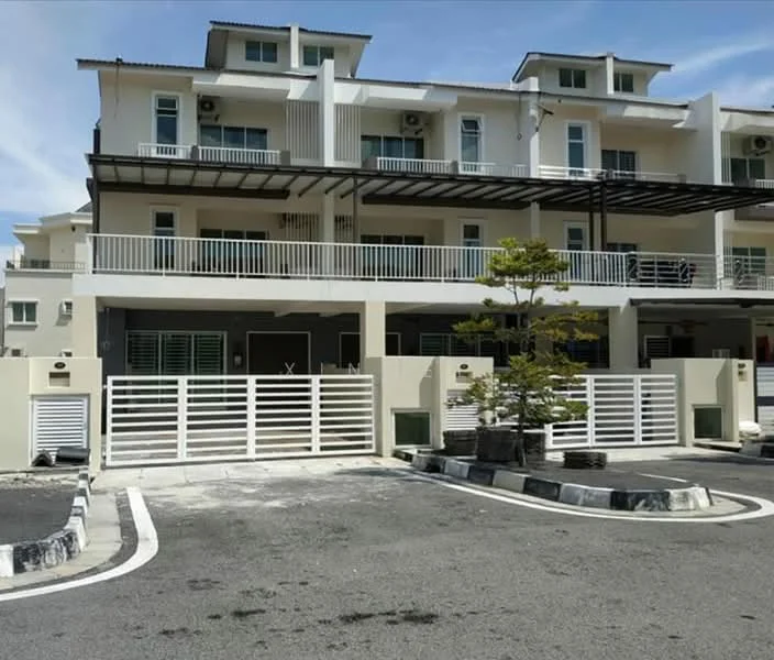 Exterior type: linked terrace house; features: white painted facade, flat roof, two-storey building, manicured landscaping, paved driveway, security gate, balconies on upper floor, air conditioning units visible, covered car porch, fence with horizontal slats; style: modern.