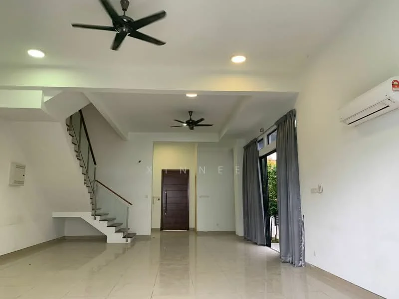 Living features: white painted walls, polished tile flooring, 5-blade ceiling fan with light, 2 wall-mounted split AC units, large sliding glass door, floor-to-ceiling windows, curtains, staircase with wooden handrail; style: modern; view: garden.