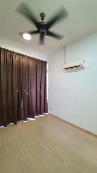 Room features: wooden flooring, white painted walls, brown curtains, ceiling fan, wall-mounted split AC.